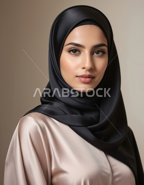 The concept of femininity and softness, interest in elegance, beauty and external appearance, a portrait of a veiled Saudi Arab Gulf woman looking at the camera with movements that indicate self-confidence and pleasure.