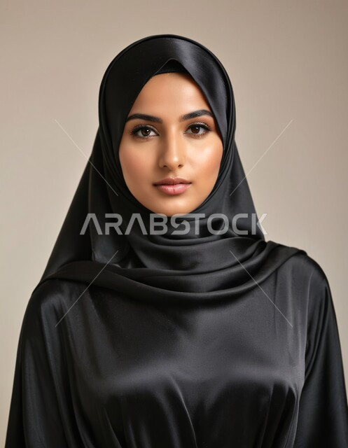 مفهوم الأنوثة والنعومة، الاهتمام بالأناقة والجمال والمظهر الخارجي, بورتريه لامرأة خليجية سعودية عربية محجبة تنظر إلى الكاميرا بحركات تدل على الثقة بالنفس والمتعة