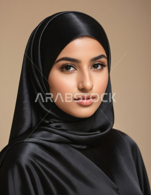 The concept of femininity and softness, interest in elegance, beauty and external appearance, a portrait of a veiled Saudi Arab Gulf woman looking at the camera with movements that indicate self-confidence and pleasure.