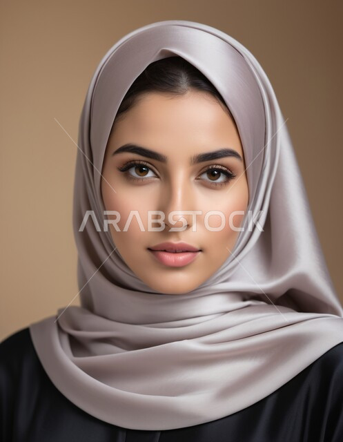 مفهوم الأنوثة والنعومة، الاهتمام بالأناقة والجمال والمظهر الخارجي, بورتريه لامرأة خليجية سعودية عربية محجبة تنظر إلى الكاميرا بحركات تدل على الثقة بالنفس والمتعة