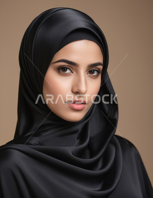 مفهوم الأنوثة والنعومة، الاهتمام بالأناقة والجمال والمظهر الخارجي, بورتريه لامرأة خليجية سعودية عربية محجبة تنظر إلى الكاميرا بحركات تدل على الثقة بالنفس والمتعة
