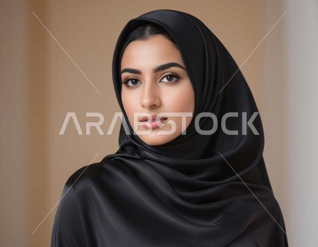 The concept of femininity and softness, interest in elegance, beauty and external appearance, a portrait of a veiled Saudi Arab Gulf woman looking at the camera with movements that indicate self-confidence and pleasure.