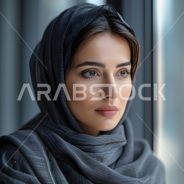 مفهوم الأنوثة والنعومة، الاهتمام بالمظهر الخارجي والأناقة، النظر إلى الكاميرا بايماءات الثقة بالنفس، صورة مقربة لامرأة عربية خليجية سعودية محجبة مبتسمة، ملابس محجبات عصرية راقية