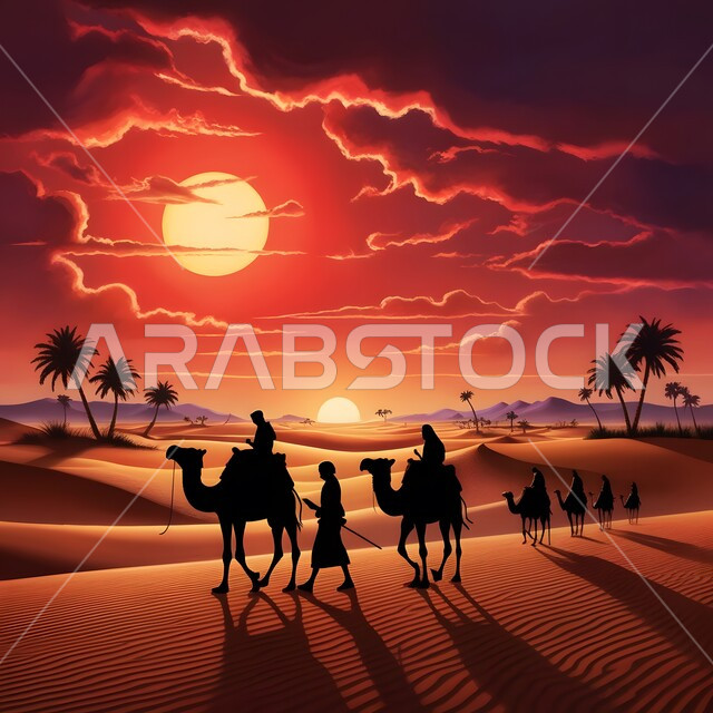 مفهوم التنقل والترحال في الحياة القديمة، الاهتمام برعاية حيوانات المملكة في الطبيعة، صورة ظلية لقافلة من الجمال تسير على الرمال الذهبية الناعمة، رعي المواشي في القمم والمرتفعات الصحراوية عند الغروب، تربية الابل في المحميات الطبيعية البرية في السعودية