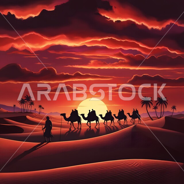 رعي المواشي في القمم والمرتفعات الصحراوية عند الغروب، صور ظلية لقافلة من الجمال تسير على الرمال الذهبية الناعمة، تربية الابل في المحميات الطبيعية البرية في السعودية، مفهوم التنقل والترحال في الحياة القديمة، الاهتمام برعاية حيوانات المملكة في الطبيعة