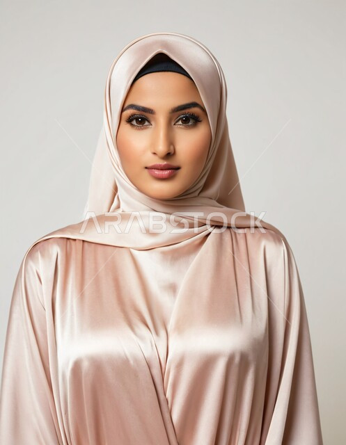 Modern fashion for veiled women, the concept of femininity and softness, interest in elegance, beauty and external appearance, a portrait of a veiled Saudi Arabian Gulf woman looking at the camera with movements that indicate self-confidence and pleasure.