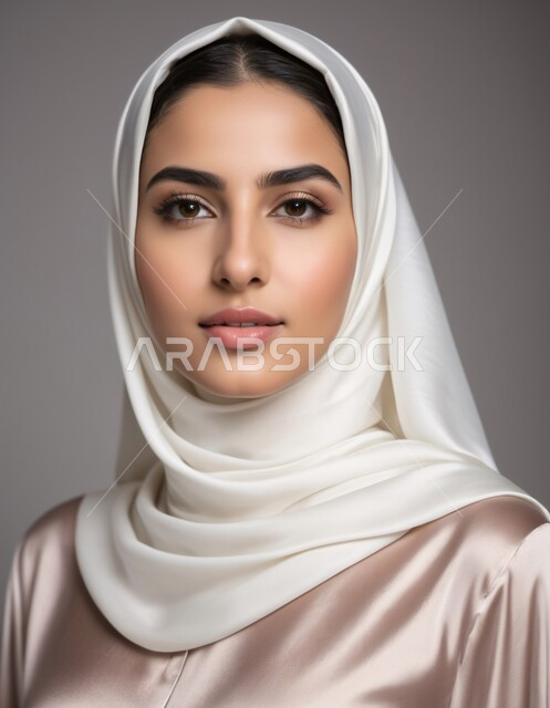 أزياء محجبات عصرية حديثة، مفهوم الأنوثة والنعومة، الاهتمام بالأناقة والجمال والمظهر الخارجي, بورتريه لامرأة خليجية سعودية عربية محجبة تنظر إلى الكاميرا بحركات تدل على الثقة بالنفس والمتعة