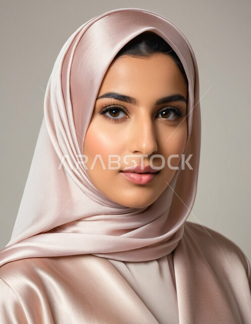 أزياء محجبات عصرية حديثة، مفهوم الأنوثة والنعومة، الاهتمام بالأناقة والجمال والمظهر الخارجي, بورتريه لامرأة خليجية سعودية عربية محجبة تنظر إلى الكاميرا بحركات تدل على الثقة بالنفس والمتعة