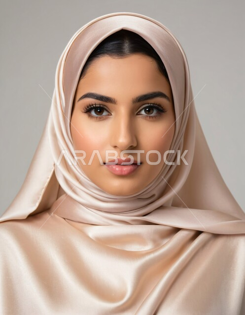 أزياء محجبات عصرية حديثة، مفهوم الأنوثة والنعومة، الاهتمام بالأناقة والجمال والمظهر الخارجي, بورتريه لامرأة خليجية سعودية عربية محجبة تنظر إلى الكاميرا بحركات تدل على الثقة بالنفس والمتعة