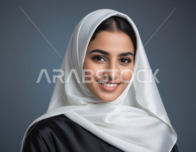 أزياء محجبات عصرية حديثة، مفهوم الأنوثة والنعومة، الاهتمام بالأناقة والجمال والمظهر الخارجي, بورتريه لامرأة خليجية سعودية عربية محجبة تنظر إلى الكاميرا بحركات تدل على الثقة بالنفس والمتعة
