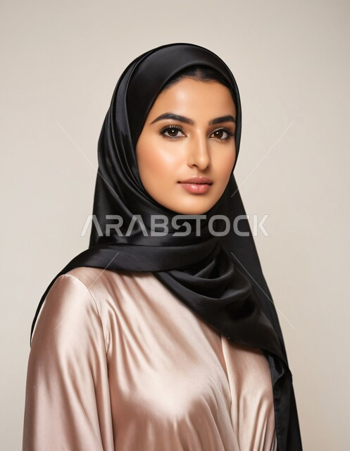 Modern fashion for veiled women, the concept of femininity and softness, interest in elegance, beauty and external appearance, a portrait of a veiled Saudi Arabian Gulf woman looking at the camera with movements that indicate self-confidence and pleasure.