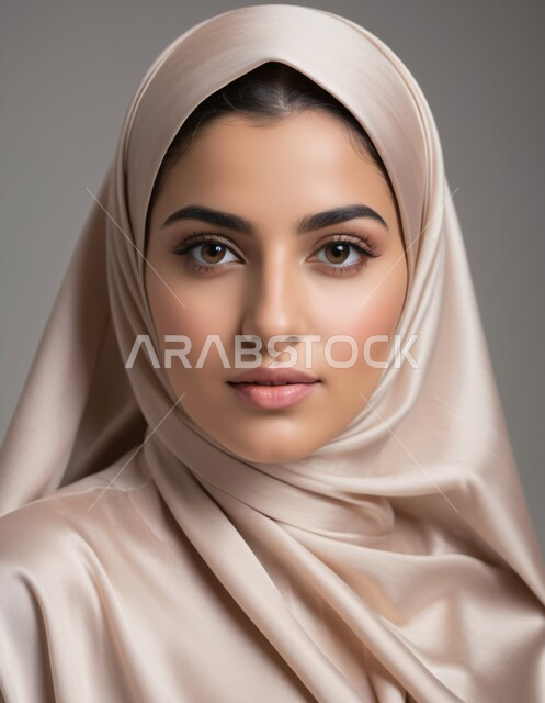الاهتمام بالأناقة والجمال والمظهر الخارجي, أزياء محجبات عصرية حديثة، مفهوم الأنوثة والنعومة، بورتريه لامرأة خليجية سعودية عربية محجبة تنظر إلى الكاميرا بحركات تدل على الثقة بالنفس والمتعة