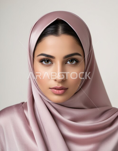 الاهتمام بالأناقة والجمال والمظهر الخارجي, أزياء محجبات عصرية حديثة، مفهوم الأنوثة والنعومة، بورتريه لامرأة خليجية سعودية عربية محجبة تنظر إلى الكاميرا بحركات تدل على الثقة بالنفس والمتعة