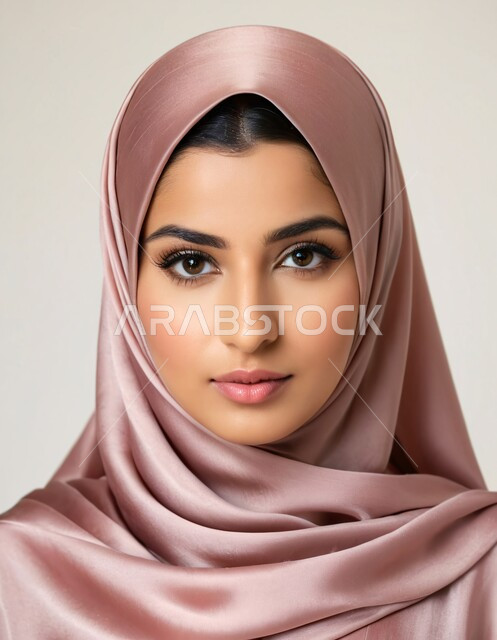 Concern with elegance, beauty and external appearance, modern veiled fashion, the concept of femininity and softness, a portrait of a veiled Saudi Arabian Gulf woman looking at the camera with movements that indicate self-confidence and pleasure.