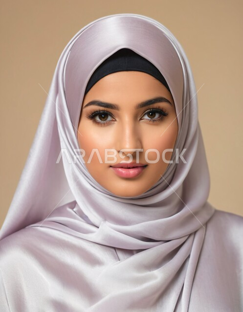 الاهتمام بالأناقة والجمال والمظهر الخارجي, أزياء محجبات عصرية حديثة، مفهوم الأنوثة والنعومة، بورتريه لامرأة خليجية سعودية عربية محجبة تنظر إلى الكاميرا بحركات تدل على الثقة بالنفس والمتعة