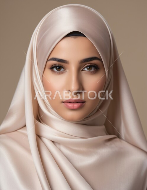 Concern with elegance, beauty and external appearance, modern veiled fashion, the concept of femininity and softness, a portrait of a veiled Saudi Arabian Gulf woman looking at the camera with movements that indicate self-confidence and pleasure.