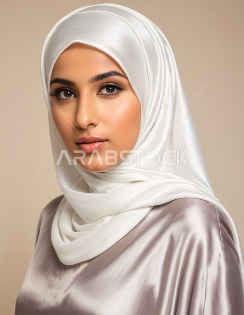 الاهتمام بالأناقة والجمال والمظهر الخارجي, أزياء محجبات عصرية حديثة، مفهوم الأنوثة والنعومة، بورتريه لامرأة خليجية سعودية عربية محجبة تنظر إلى الكاميرا بحركات تدل على الثقة بالنفس والمتعة