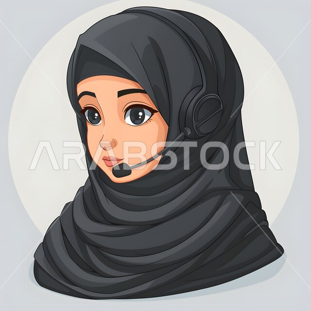 الاهتمام بالمظهر الخارجي، الاستمتاع بالتقنيات والتكنولوجيا الحديثة،  رسوم توضيحية ثلاثية الابعاد لشابة عربية خليجية سعودية ترتدي الحجاب وسماعة الرأس تقوم بالإصغاء والاستماع إلى شيء ما، خلفية رمادية