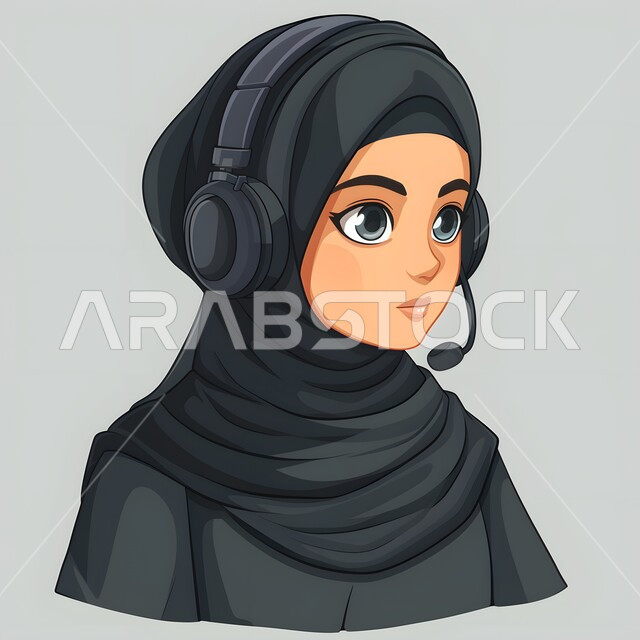 الاهتمام بالمظهر الخارجي، الاستمتاع بالتقنيات والتكنولوجيا الحديثة،  رسوم توضيحية ثلاثية الابعاد لشابة عربية خليجية سعودية ترتدي الحجاب وسماعة الرأس تقوم بالإصغاء والاستماع إلى شيء ما، خلفية رمادية