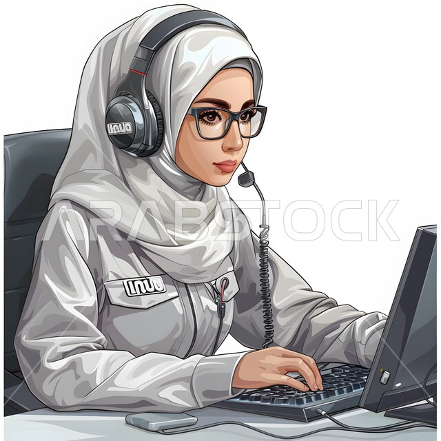 الاهتمام بالمظهر الخارجي، الاستمتاع بالتقنيات والتكنولوجيا الحديثة،  رسوم توضيحية ثلاثية الابعاد لشابة عربية خليجية سعودية ترتدي الحجاب وسماعة الرأس تقوم بالإصغاء والاستماع إلى شيء ما، خلفية رمادية