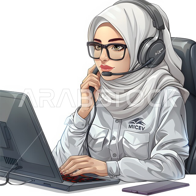 الاستمتاع بالتقنيات والتكنولوجيا الحديثة، الاهتمام بالمظهر الخارجي،  رسوم توضيحية ثلاثية الابعاد لشابة عربية خليجية سعودية ترتدي الحجاب وسماعة الرأس تقوم بالإصغاء والاستماع إلى شيء ما، خلفية رمادية