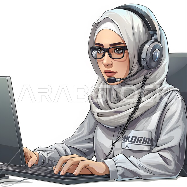 الاستمتاع بالتقنيات والتكنولوجيا الحديثة، الاهتمام بالمظهر الخارجي،  رسوم توضيحية ثلاثية الابعاد لشابة عربية خليجية سعودية ترتدي الحجاب وسماعة الرأس تقوم بالإصغاء والاستماع إلى شيء ما، خلفية رمادية