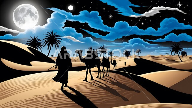 الاهتمام برعاية حيوانات المملكة في الطبيعة، رعي المواشي في القمم والمرتفعات الصحراوية عند الغروب، صورة ظلية لرجل عربي سعودي خليجي يسير مع الجمال على الرمال الذهبية، تربية الابل في المحميات الطبيعية البرية في السعودية