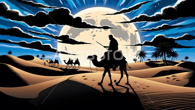 تربية الابل في المحميات الطبيعية البرية في السعودية، الاهتمام برعاية حيوانات المملكة في الطبيعة، مفهوم التنقل والترحال في الحياة القديمة، رعي المواشي في القمم والمرتفعات الصحراوية عند الغروب، صورة ظلية لجمل يسير على الرمال الذهبية الناعمة