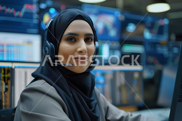 إدارة وتنظيم أعمال الشركة، قسم الاستعلامات والاتصال، الإجابة على الأسئلة والاستفسارات, مفهوم خدمة العملاء، امرأة عربية خليجية سعودية محجبة ترتدي تجلس في مكان عملها وتستخدم التقنيات الحديثة وترتدي سماعة للإجابة على الأسئلة والاستفسارات, مهن ووظائف مكتبية نسائية, دمج العمل مع التقنية والتكنولوجيا