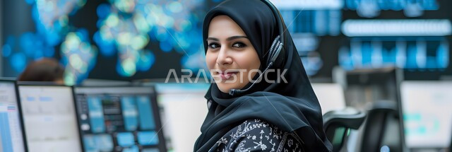 إدارة وتنظيم أعمال الشركة، قسم الاستعلامات والاتصال، الإجابة على الأسئلة والاستفسارات, مفهوم خدمة العملاء، امرأة عربية خليجية سعودية محجبة ترتدي تجلس في مكان عملها وتستخدم التقنيات الحديثة وترتدي سماعة للإجابة على الأسئلة والاستفسارات, مهن ووظائف مكتبية نسائية, دمج العمل مع التقنية والتكنولوجيا