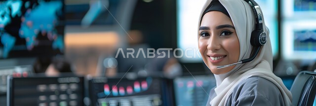 إدارة وتنظيم أعمال الشركة، قسم الاستعلامات والاتصال، الإجابة على الأسئلة والاستفسارات, مفهوم خدمة العملاء، امرأة عربية خليجية سعودية محجبة ترتدي تجلس في مكان عملها وتستخدم التقنيات الحديثة وترتدي سماعة للإجابة على الأسئلة والاستفسارات, مهن ووظائف مكتبية نسائية, دمج العمل مع التقنية والتكنولوجيا