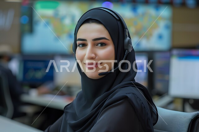 مفهوم خدمة العملاء, إدارة وتنظيم أعمال الشركة، قسم الاستعلامات والاتصال، الإجابة على الأسئلة والاستفسارات، امرأة عربية خليجية سعودية محجبة ترتدي تجلس في مكان عملها وتستخدم التقنيات الحديثة وترتدي سماعة للإجابة على الأسئلة والاستفسارات, مهن ووظائف مكتبية نسائية, دمج العمل مع التقنية والتكنولوجيا
