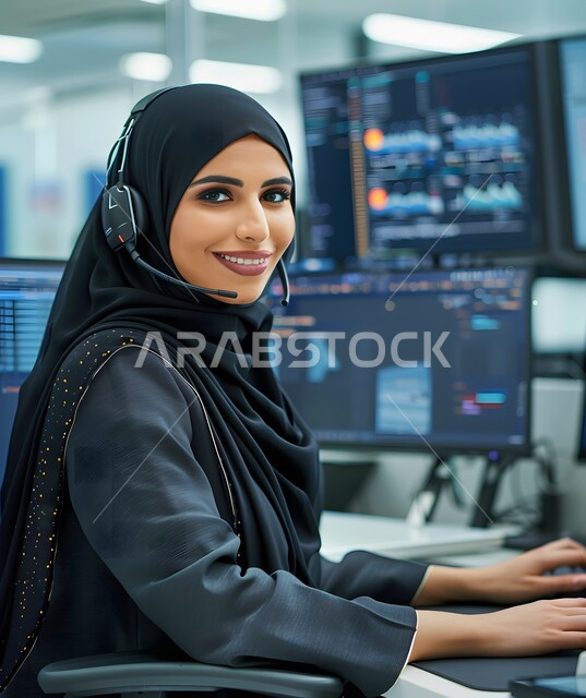 مفهوم خدمة العملاء, إدارة وتنظيم أعمال الشركة، قسم الاستعلامات والاتصال، الإجابة على الأسئلة والاستفسارات، امرأة عربية خليجية سعودية محجبة ترتدي تجلس في مكان عملها وتستخدم التقنيات الحديثة وترتدي سماعة للإجابة على الأسئلة والاستفسارات, مهن ووظائف مكتبية نسائية, دمج العمل مع التقنية والتكنولوجيا