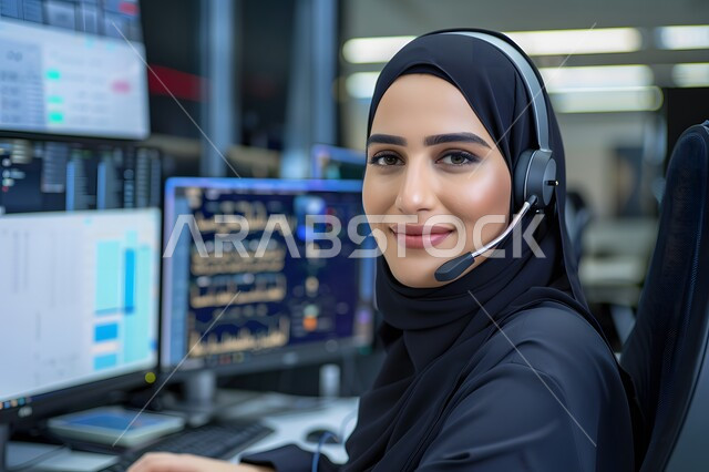 مفهوم خدمة العملاء, إدارة وتنظيم أعمال الشركة، قسم الاستعلامات والاتصال، الإجابة على الأسئلة والاستفسارات، امرأة عربية خليجية سعودية محجبة ترتدي تجلس في مكان عملها وتستخدم التقنيات الحديثة وترتدي سماعة للإجابة على الأسئلة والاستفسارات, مهن ووظائف مكتبية نسائية, دمج العمل مع التقنية والتكنولوجيا