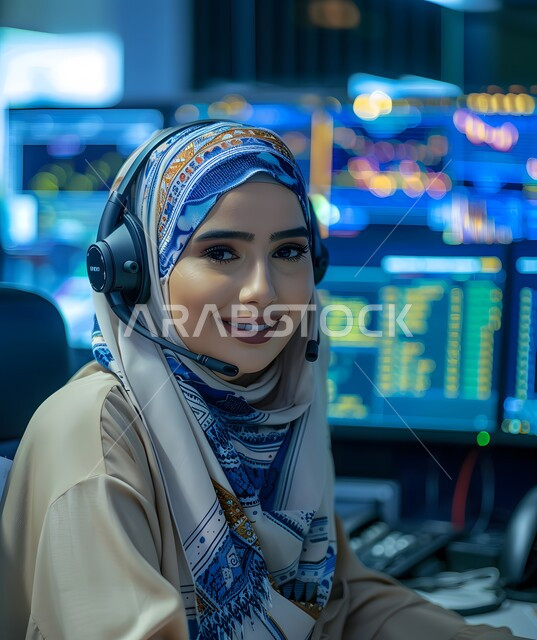مفهوم خدمة العملاء, إدارة وتنظيم أعمال الشركة، قسم الاستعلامات والاتصال، الإجابة على الأسئلة والاستفسارات، امرأة عربية خليجية سعودية محجبة ترتدي تجلس في مكان عملها وتستخدم التقنيات الحديثة وترتدي سماعة للإجابة على الأسئلة والاستفسارات, مهن ووظائف مكتبية نسائية, دمج العمل مع التقنية والتكنولوجيا