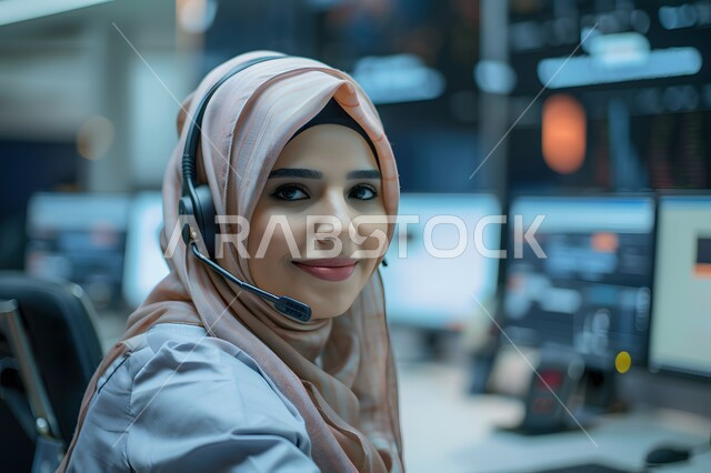 مفهوم خدمة العملاء, إدارة وتنظيم أعمال الشركة، قسم الاستعلامات والاتصال، الإجابة على الأسئلة والاستفسارات، امرأة عربية خليجية سعودية محجبة ترتدي تجلس في مكان عملها وتستخدم التقنيات الحديثة وترتدي سماعة للإجابة على الأسئلة والاستفسارات, مهن ووظائف مكتبية نسائية, دمج العمل مع التقنية والتكنولوجيا