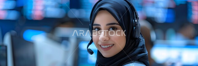The concept of customer service, managing and organizing the company’s business, the inquiries and communication department, answering questions and inquiries, a veiled Saudi Gulf Arab woman sitting in her workplace, using modern technologies and wearing a headset to answer questions and inquiries, female office professions and jobs, integrating work with technology and technology