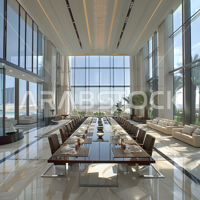 التصميم العصري الحديث للمكاتب في الشركات السعودية، غرف مكتبية بتصاميم وديكورات داخلية فخمة، غرفة اجتماعات واسعة مع طاولة محاطة بكراسي، النوافذ والواجهات الزجاجية
