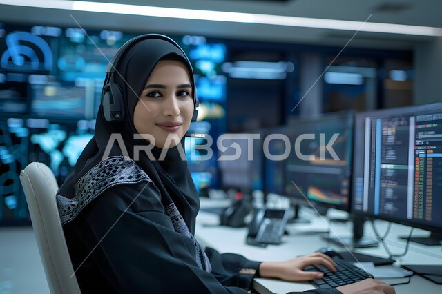 قسم الاستعلامات والاتصال, مفهوم خدمة العملاء, إدارة وتنظيم أعمال الشركة، الإجابة على الأسئلة والاستفسارات، امرأة عربية خليجية سعودية محجبة ترتدي تجلس في مكان عملها وتستخدم التقنيات الحديثة وترتدي سماعة للإجابة على الأسئلة والاستفسارات, مهن ووظائف مكتبية نسائية, دمج العمل مع التقنية والتكنولوجيا
