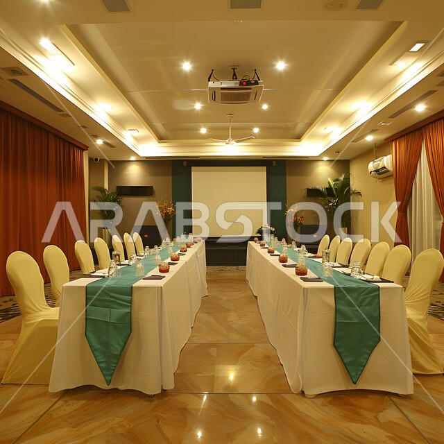 التصميم العصري الحديث للمكاتب في الشركات السعودية، غرفة اجتماعات واسعة مع طاولة محاطة بكراسي، غرف مكتبية بتصاميم وديكورات داخلية فخمة، النوافذ والواجهات الزجاجية