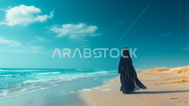 الرحلات الى المناطق الساحلية، الاستمتاع باجواء الصيف، صورة من الخلف لامرأة عربية خليجية سعودية محجبة ترتدي عباءة سوداء تسير على شاطئ البحر، السماء الزرقاء على الشواطئ