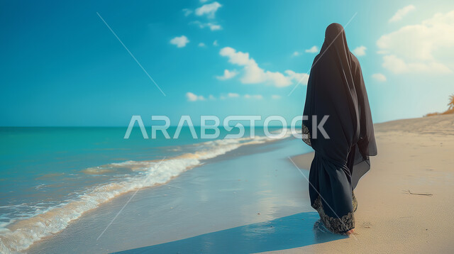 الرحلات الى المناطق الساحلية، الاستمتاع باجواء الصيف، صورة من الخلف لامرأة عربية خليجية سعودية محجبة ترتدي عباءة سوداء تسير على شاطئ البحر، السماء الزرقاء على الشواطئ