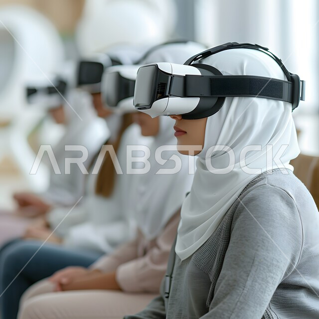 Integration and interaction with virtual reality, use of modern and advanced devices and technology, a close-up image of a veiled Saudi Arabian Gulf woman wearing 3D VR glasses looking at something, fun and entertainment by simulating the imaginary world