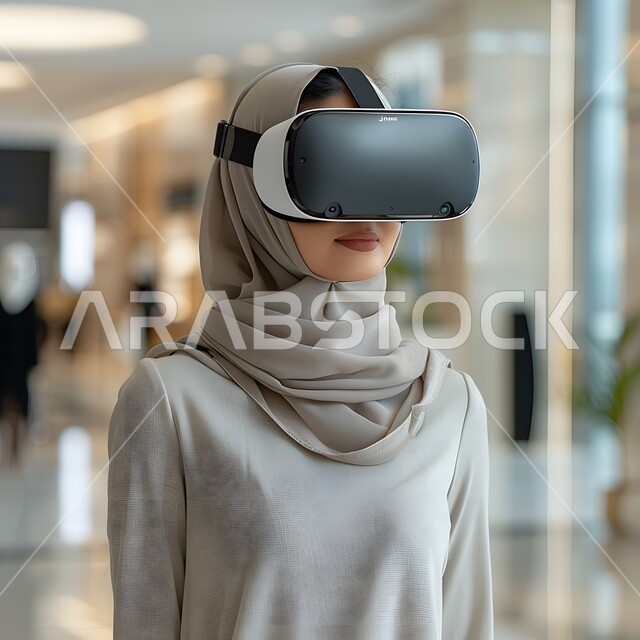 الاندماج والتفاعل مع الواقع الافتراضي, استخدام الأجهزة والتكنولوجيا الحديثة والمتطورة, صورة مقربة لإمرأة عربية خليجية سعودية محجبة ترتدي نظارة في آر ثلاثية الأبعاد تنظر إلى شيء ما، المتعة والتسلية بمحاكاة العالم الخيالي