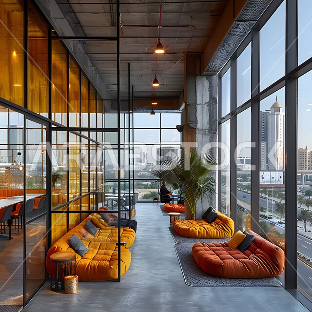 الفن الهندسي المعماري في إنشاء الواجهات الزجاجية للمقاهي العصرية, الديكورات والتصاميم الداخلية للكافيهات والمطاعم، صالة مطعم بديكورات وألوان جذابة، أثاث داخلي راقي لمقهى على الطراز الحديث في المملكة العربية السعودية