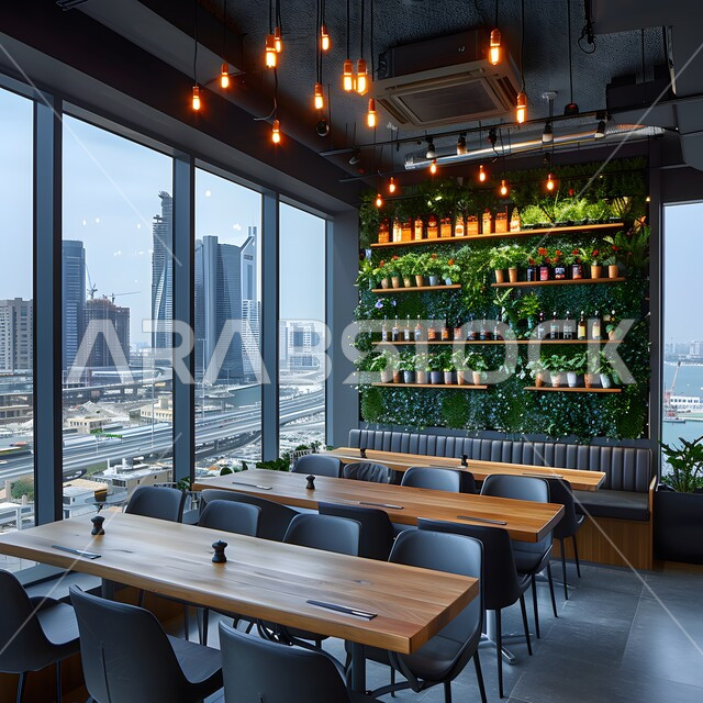 الفن الهندسي المعماري في إنشاء الواجهات الزجاجية للمقاهي العصرية, الديكورات والتصاميم الداخلية للكافيهات والمطاعم، صالة مطعم بديكورات وألوان جذابة، أثاث داخلي راقي لمقهى على الطراز الحديث في المملكة العربية السعودية