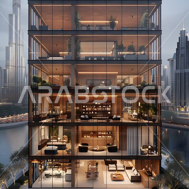 الواجهات الزجاجية الكبيرة المطلة على الخارج، التصاميم الحديثة للفلل والشقق السكنية في المملكة العربية السعودية، التقسيم الهندسي المميز للغرف داخل المنزل، الديكورات المعاصرة المتطورة، الأضواء والاكسسوارات العصرية الفاخرة، بيوت سوبر ديلوكس بأثاث أنيق