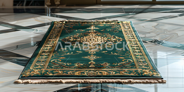 Supplication and supplication to the Lord of servants, performing the obligatory prayers at their appointed times, the concept of the pillars of Islam, an Islamic prayer rug with vibrant designs and colors, worship and getting closer to God
