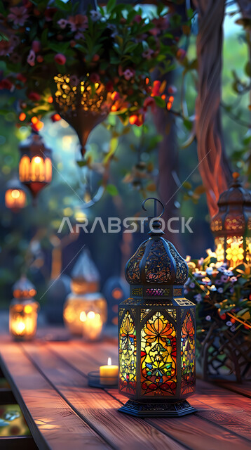 التصميم الهندسي التقليدي للفوانيس المزخرفة والتحف والاكسسوارات المعدنية, احتفال المسلمين بقدوم شهر الخير, صورة ظلية لزينة المساجد في المملكة العربية السعودية للاحتفال بالمناسبات والأعياد الاسلامية, أجواء روحانية رمضانية هادئة