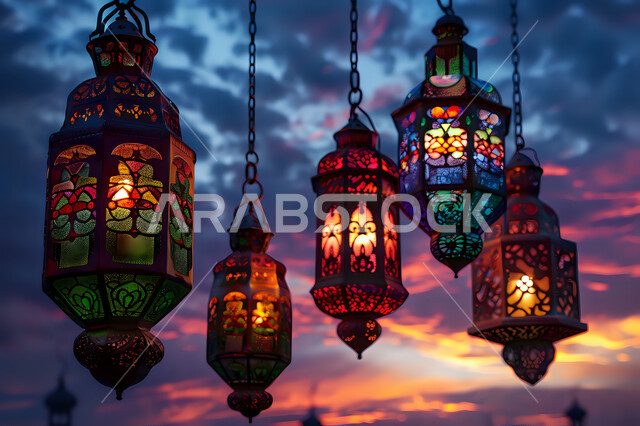 التصميم الهندسي التقليدي للفوانيس المزخرفة والتحف والاكسسوارات المعدنية, احتفال المسلمين بقدوم شهر الخير, صورة ظلية لزينة المساجد في المملكة العربية السعودية للاحتفال بالمناسبات والأعياد الاسلامية, أجواء روحانية رمضانية هادئة